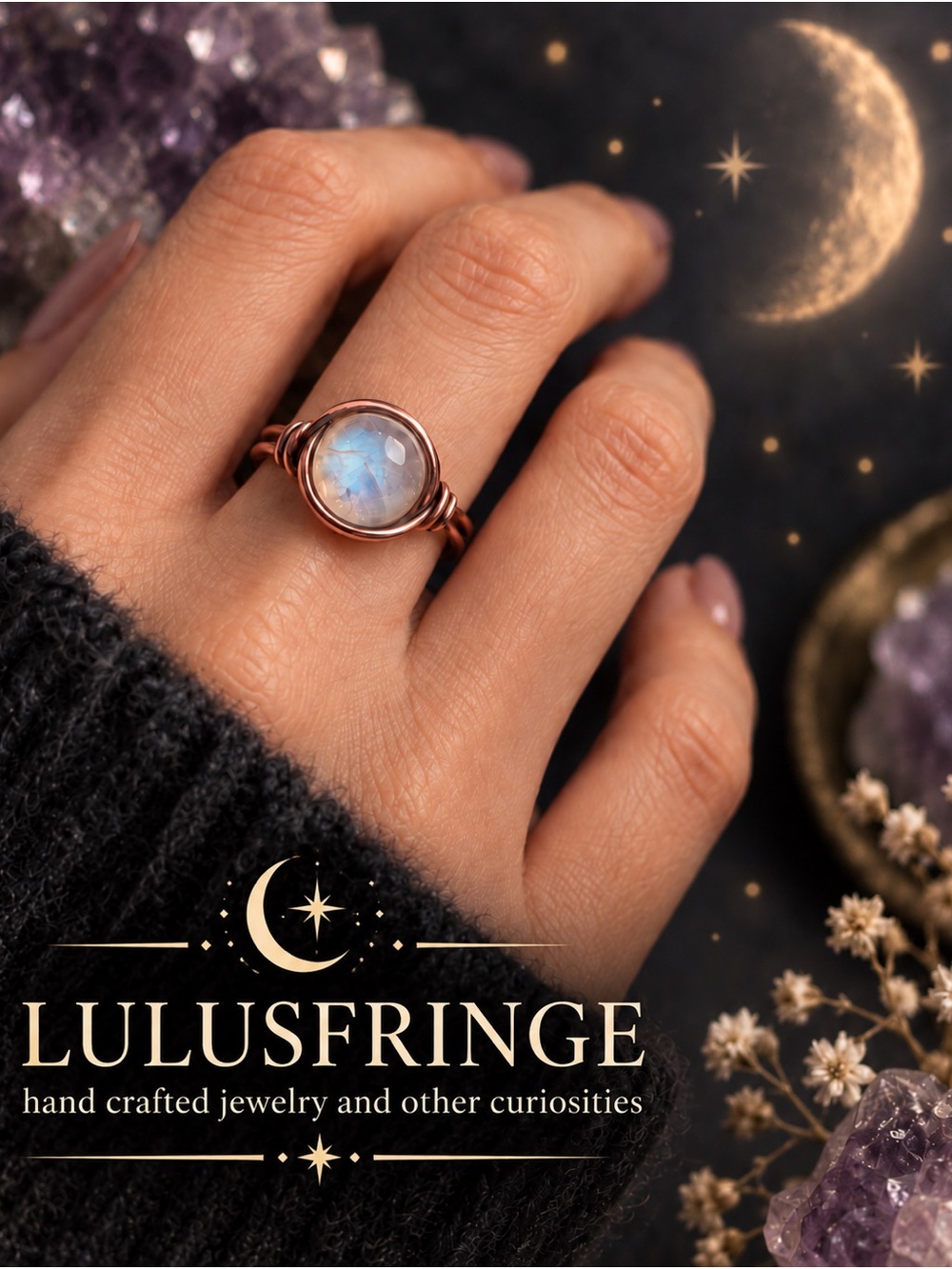 Artisan Copper Ring with Iridescent Rainbow Moonstone